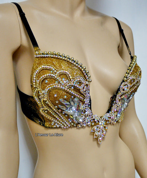 AB Iridescent Gold Glitter Mermaid Plunge Bra Siren Costume