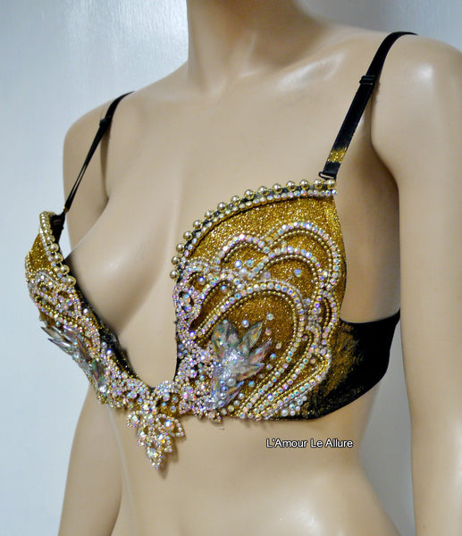 AB Iridescent Gold Glitter Mermaid Plunge Bra Siren Costume