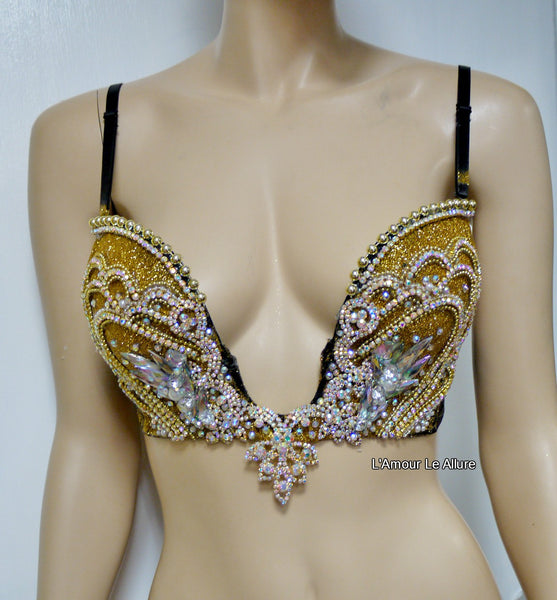 AB Iridescent Gold Glitter Mermaid Plunge Bra Siren Costume