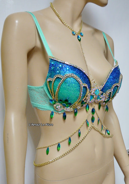 Blue Turquoise Glitter Mermaid Top Bra with Gold Chain