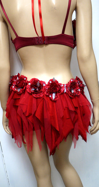 Red Rose Glitter Fairy Rave Bra and Skirt Shorts Halloween Dance Costume