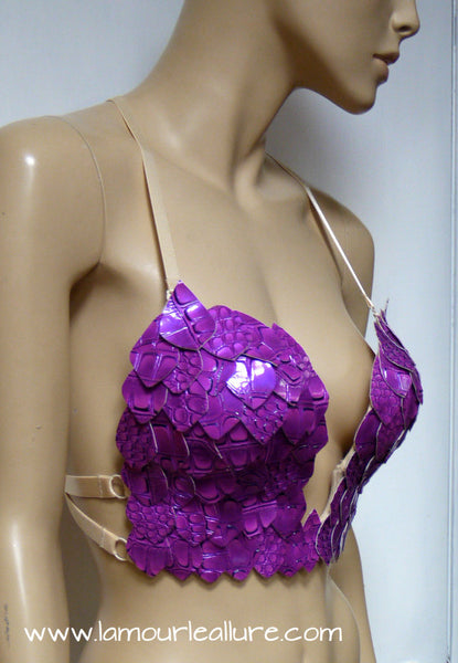 Purple Iridescent Dragon Scale Mermaid Plunge Rave Bra Cosplay Dance Halloween Costume