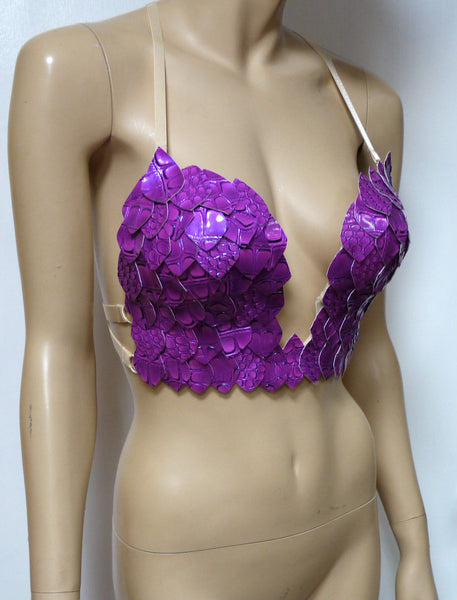 Purple Iridescent Dragon Scale Mermaid Plunge Rave Bra Cosplay Dance Halloween Costume