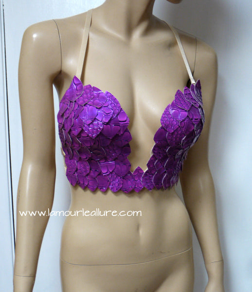 Purple Iridescent Dragon Scale Mermaid Plunge Rave Bra Cosplay Dance Halloween Costume