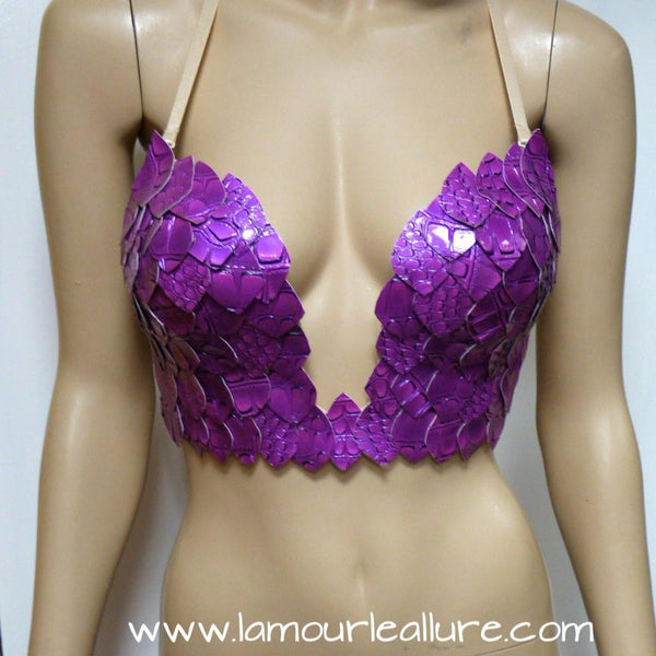 Purple Iridescent Dragon Scale Mermaid Plunge Rave Bra Cosplay Dance Halloween Costume