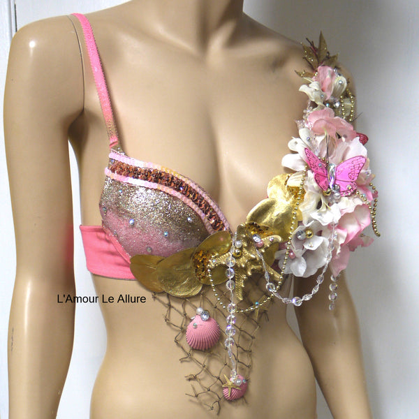 Dripping in Gold Glitter Pink Mermaid Shell Bra Dance Costume Rave Halloween