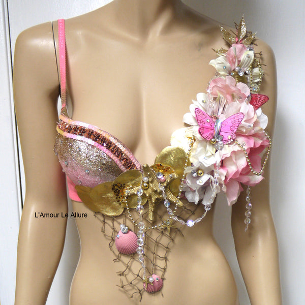 Dripping in Gold Glitter Pink Mermaid Shell Bra Dance Costume Rave Halloween