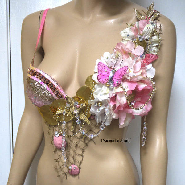 Dripping in Gold Glitter Pink Mermaid Shell Bra Dance Costume Rave Halloween