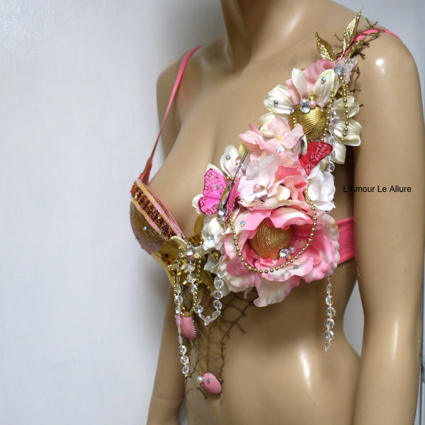 Dripping in Gold Glitter Pink Mermaid Shell Bra Dance Costume Rave Halloween