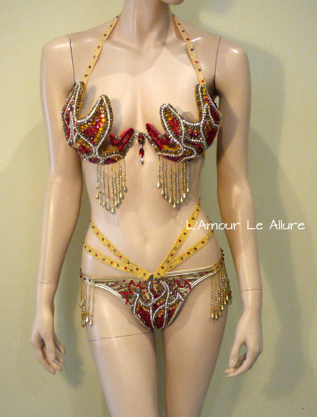 Gold and Red Phoenix Girl On Fire Flame Carnival Samba Top and Bottom Dance Cage Rave