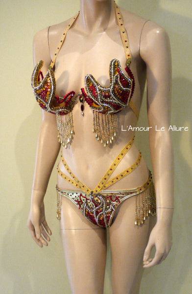 Gold and Red Phoenix Girl On Fire Flame Carnival Samba Top and Bottom Dance Cage Rave