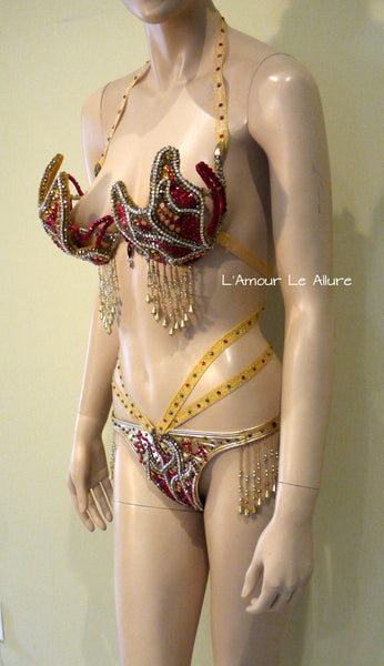 Gold and Red Phoenix Girl On Fire Flame Carnival Samba Top and Bottom Dance Cage Rave