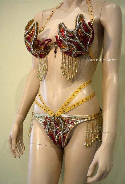 Gold and Red Phoenix Girl On Fire Flame Carnival Samba Top and Bottom Dance Cage Rave