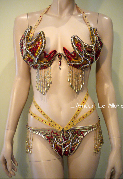 Gold and Red Phoenix Girl On Fire Flame Carnival Samba Top and Bottom Dance Cage Rave