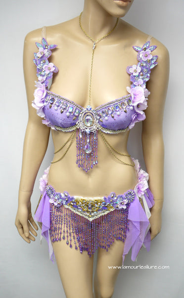 Lavender Purple Gypsy Forest Fairy Dance Rave Bra and Skirt Halloween Costume