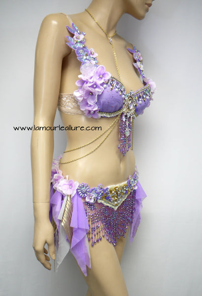 Lavender Purple Gypsy Forest Fairy Dance Rave Bra and Skirt Halloween Costume