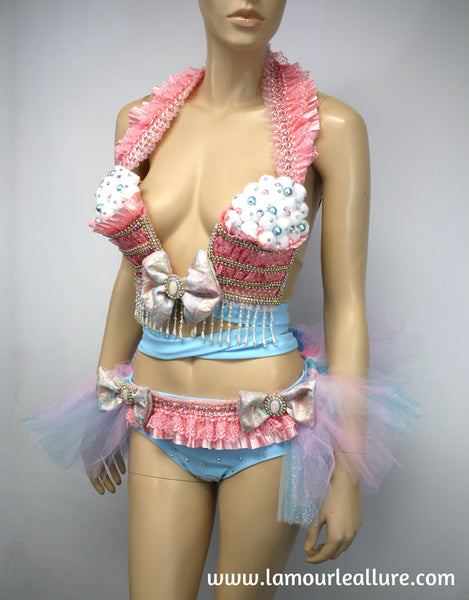 Pastel Cotton Candy Unicorn Princess Cupcake Birthday Plunge Rave Bra with Tutu Bustle