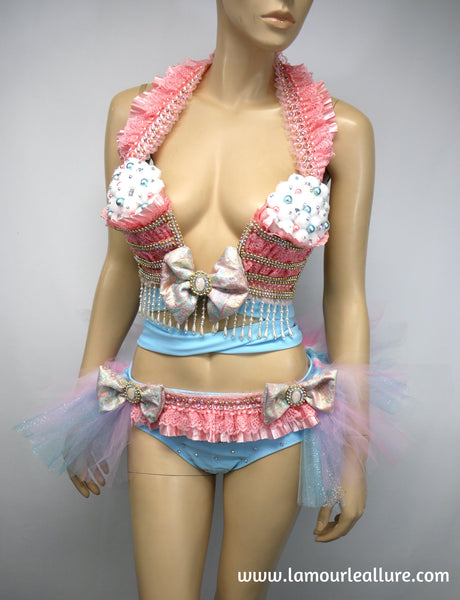 Pastel Cotton Candy Unicorn Princess Cupcake Birthday Plunge Rave Bra with Tutu Bustle