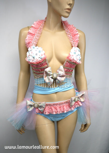 Pastel Cotton Candy Unicorn Princess Cupcake Birthday Plunge Rave Bra with Tutu Bustle