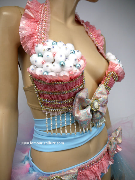 Pastel Cotton Candy Unicorn Princess Cupcake Birthday Plunge Rave Bra with Tutu Bustle