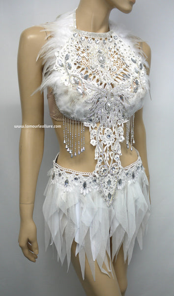 White Lace Rhinestone Feather Angel Bra and Skirt Costume