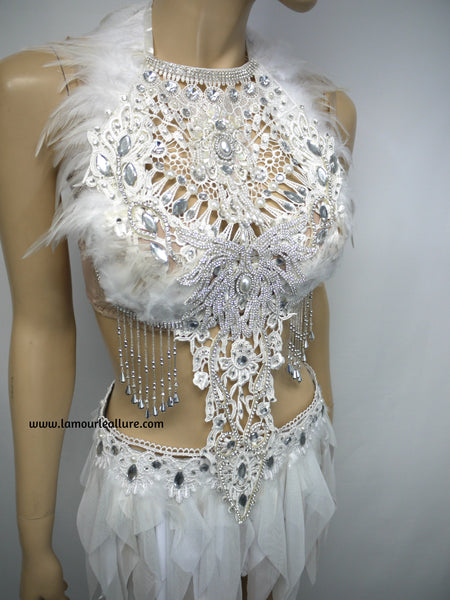 White Lace Rhinestone Feather Angel Bra and Skirt Costume