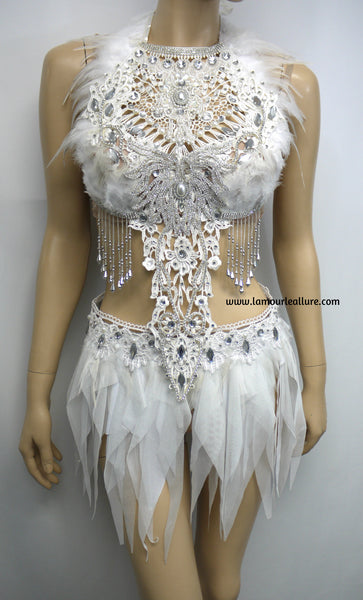 White Lace Rhinestone Feather Angel Bra and Skirt Costume