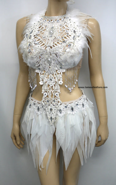 White Lace Rhinestone Feather Angel Bra and Skirt Costume