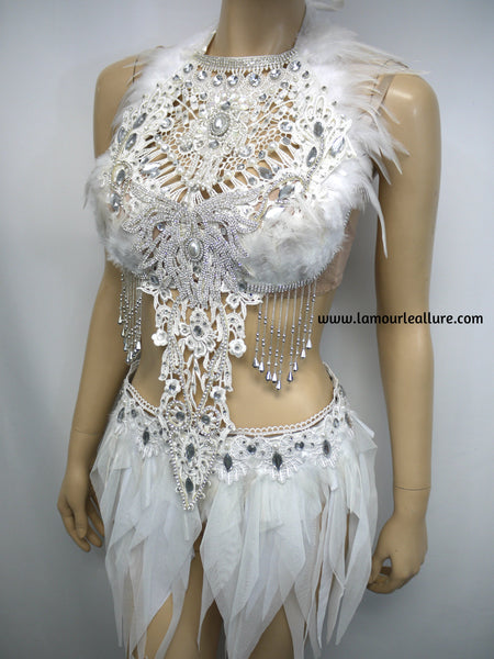 White Lace Rhinestone Feather Angel Bra and Skirt Costume