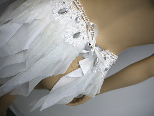 White Lace Rhinestone Feather Angel Bra and Skirt Costume