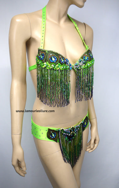 Neon Peacock Feather Beaded Samba Bikini Dance Costume With Headdress and Wings