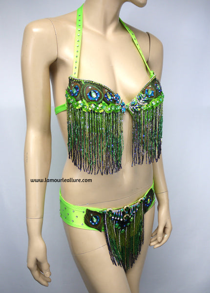 Neon Peacock Feather Beaded Bikini Dance Costume Halloween Show Girl