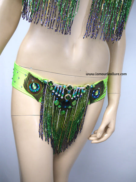 Neon Peacock Feather Beaded Bikini Dance Costume Halloween Show Girl