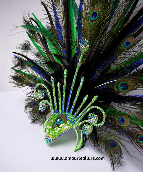 Neon Peacock Feather Beaded Samba Bikini Dance Costume With Headdress and Wings