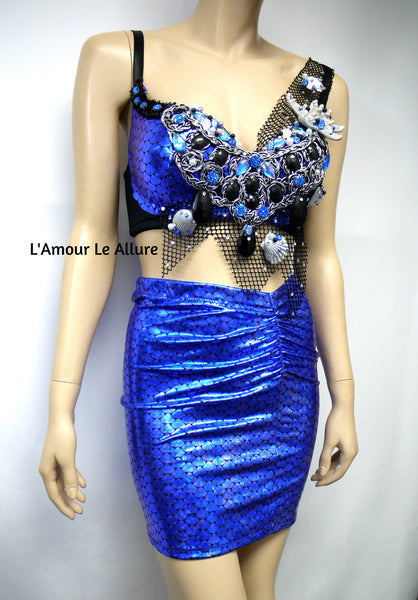 Dark Blue Scale Siren Mermaid Bra and High Waisted Spandex Skirt