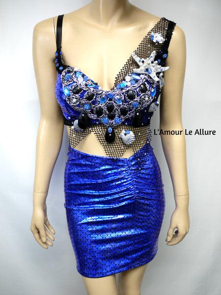 Dark Blue Scale Siren Mermaid Bra and High Waisted Spandex Skirt