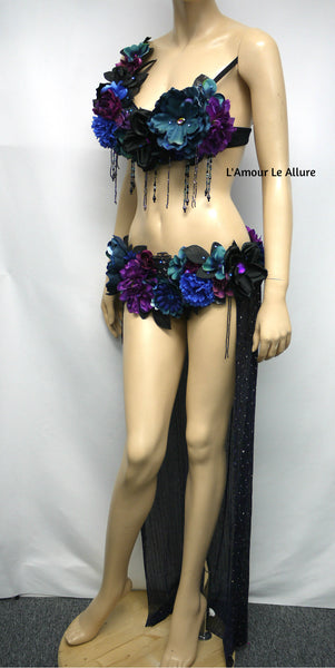 Two Piece Dark Midnight Rose Fairy Gown with Train Costume Belly Dancer