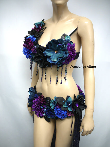 Two Piece Dark Midnight Rose Fairy Gown with Train Costume Belly Dancer