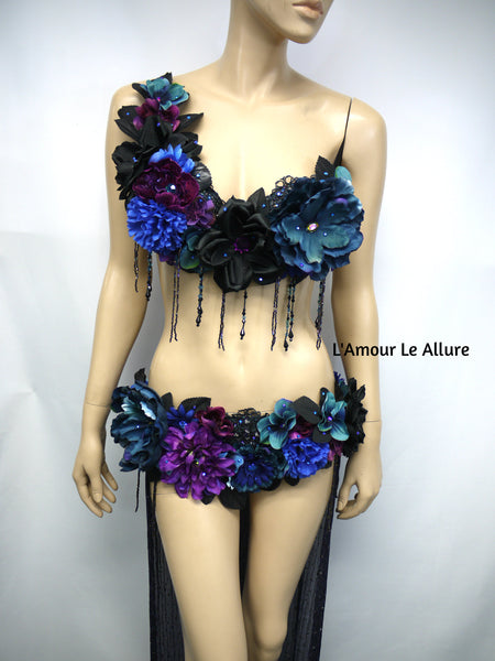 Two Piece Dark Midnight Rose Fairy Gown with Train Costume Belly Dancer