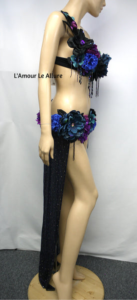 Two Piece Dark Midnight Rose Fairy Gown with Train Costume Belly Dancer