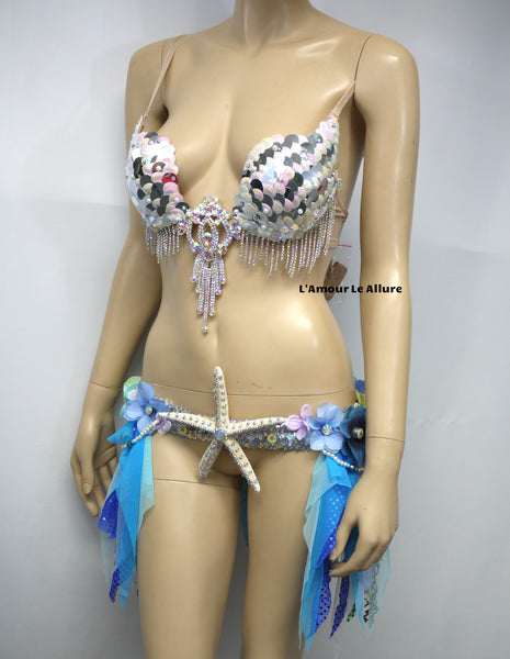 Iridescent White Sequin Scale Mermaid Plunge with Garter Belt Skirt