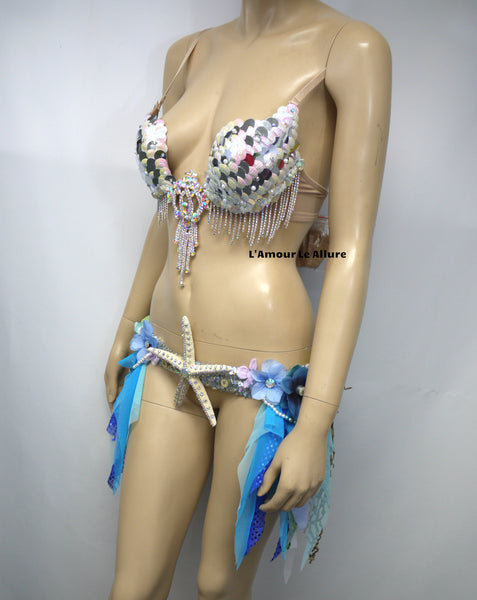 Iridescent White Sequin Scale Mermaid Plunge with Garter Belt Skirt