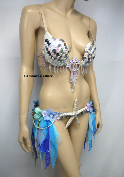 Iridescent White Sequin Scale Mermaid Plunge with Garter Belt Skirt