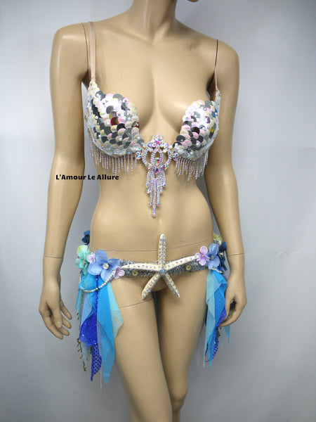 Iridescent White Sequin Scale Mermaid Plunge with Garter Belt Skirt