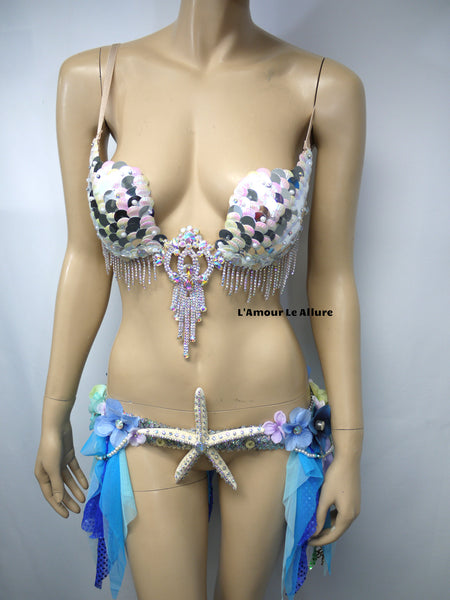 Iridescent White Sequin Scale Mermaid Plunge with Garter Belt Skirt