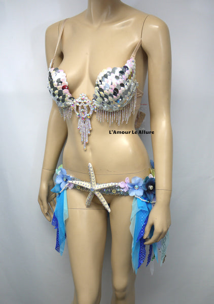 Iridescent White Sequin Scale Mermaid Plunge with Garter Belt Skirt