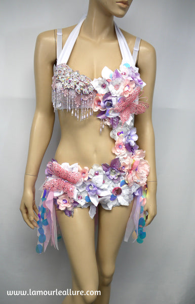 Iridescent Unicorn Pink and Purple Flower Fairy Monokini Costume Dance Rave Halloween