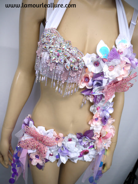 Iridescent Unicorn Pink and Purple Flower Fairy Monokini Costume Dance Rave Halloween