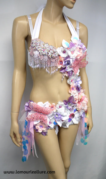 Iridescent Unicorn Pink and Purple Flower Fairy Monokini Costume Dance Rave Halloween