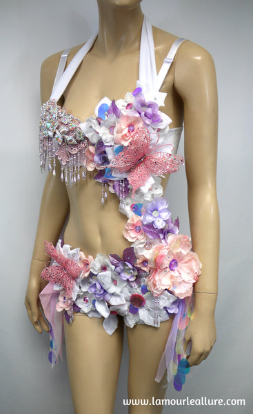 Iridescent Unicorn Pink and Purple Flower Fairy Monokini Costume Dance Rave Halloween